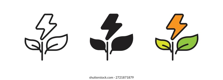 Ícones de energia limpa combinando um raio com folhas orgânicas. Perfeito para marcas ambientais, energia renovável e temas de tecnologia eco-friendly.