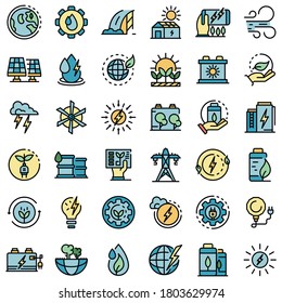 Juego de iconos de energía limpia. Conjunto de esquemas de iconos vectoriales de energía limpia color de línea delgada plano sobre blanco