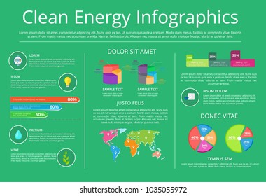 Clean energy infographics, poster with text sample, and headlines, icons of plant and generator, water and electric bulb, map vector illustration