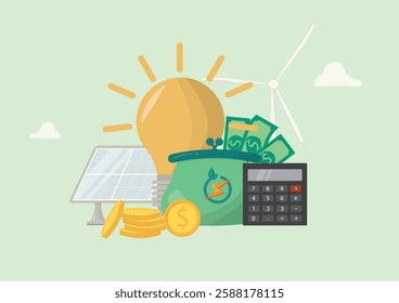 Clean Energy Investment and Financial Savings Concept. Sustainable energy finance illustration featuring solar panels, wind turbine, lightbulb, calculator, and money. Flat style. Vector illustration