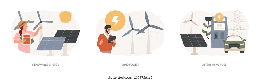 Clean energy isolated concept vector illustration set. Renewable energy, wind power, alternative fuel, solar panels, green electricity, charging station, light bulb, windfarm vector concept.