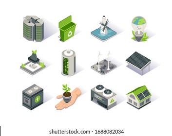 Clean energy isometric icon set. Ecology environment and electricity generation. Alternative sources, wind and solar energy production, tidal power station. Renewable energy sources 3d vector isometry