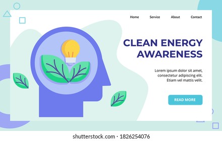 Clean energy leaf light bulb in head campaign for web website home homepage landing page template banner with flat style