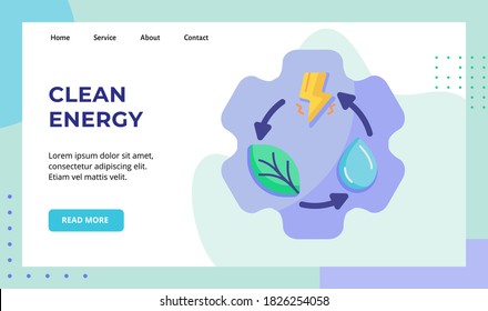 Clean energy leaf water lightning recycle on gear campaign for web website home homepage landing page template banner with flat style