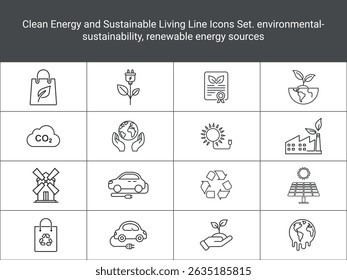 Clean Energy Line Icons Set. Zero Waste Icons. environmental sustainability, including renewable energy sources, eco-friendly products. Eco-Friendly Line Icons Set