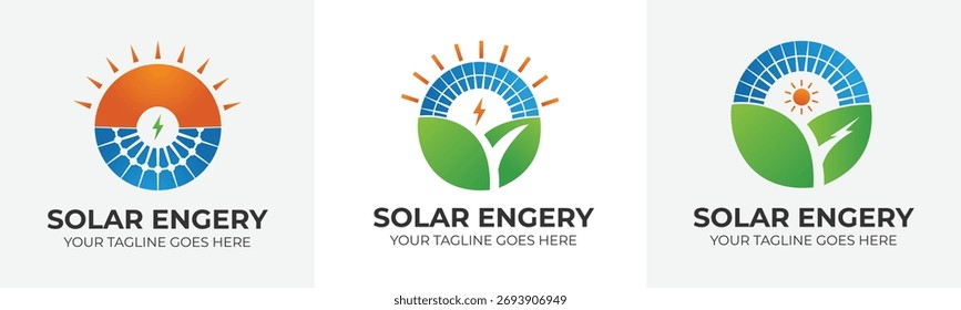 Clean energy logo designs showcase solar power and nature's harmony, perfect for branding eco-friendly initiatives and renewable tech startups