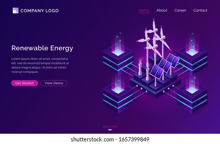 Clean energy, modern power engineering isometric landing page. Renewable sources ecologically alternative energetics, weather station with windmills and solar panels, eco city 3d vector web banner