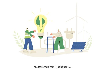Clean energy monitoring concept. Professional control generation. Bulb with green leaves surrounded by people. Renewable sources sun and wind. Sustainable development. Vector flat illustration