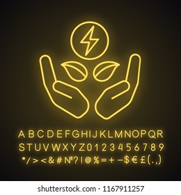 Clean energy neon light icon. Eco power. Renewable resources. Green energy. Lightning bolt and leaves in hands. Glowing sign with alphabet, numbers and symbols. Vector isolated illustration
