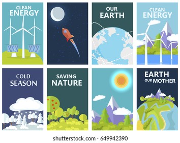 Clean energy on Earth, cold season, saving nature and Earth our mother agitation ecology day posters vector illustrations set.