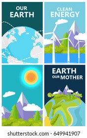 Clean energy for our planet mother earth protection agitation posters set with landscapes and space views vector illustrations.