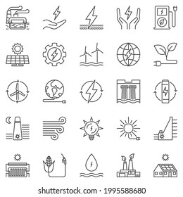 Clean Energy outline icons set. Vector Renewable Eco Green Energy line concept symbols or design elements