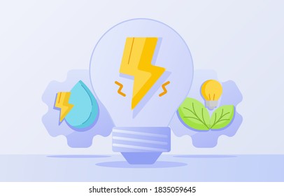 Clean energy power concept lightning in bulb lamp water drop leaf white isolated background with flat style