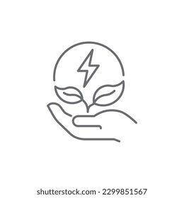 Icono lineal vectorial relacionado con la energía limpia. Energía ecológica. Recursos renovables. Energía verde. Rayo y hojas en la mano. Economía de la electricidad. Ilustración del contorno del vector. Trazo editable