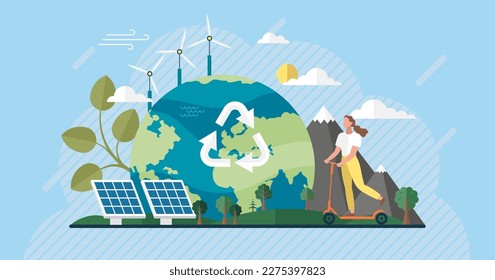 Clean energy. Renewable green energy sources. Clean electric energy from renewable sources sun wind. Recycle. Power plant station buildings with solar panels and wind turbines. Green city. Save planet