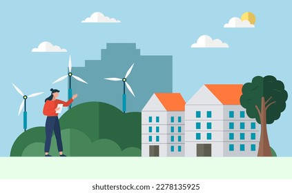 Clean energy. Renewable green energy sources. Clean electric energy from renewable sources sun wind. Recycle. Power plant station buildings with solar panels and wind turbines. Green city. Save planet