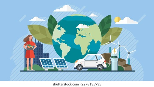 Clean energy. Renewable green energy sources. Clean electric energy from renewable sources sun wind. Recycle. Power plant station buildings with solar panels and wind turbines. Green city. Save planet