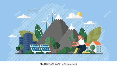 Clean energy. Renewable green energy sources. Clean electric energy from renewable sources sun wind. Recycle. Power plant station buildings with solar panels and wind turbines. Green city. Save planet