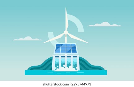 saubere Energie aus erneuerbaren Energiequellen mit Solarpaneelen und Windturbinen und Dämmen, nachhaltige Stromerzeugung, Vektorgrafik.