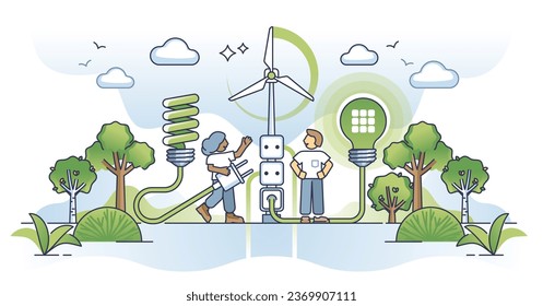 Clean energy revolution and green electricity production outline concept. Using sustainable alternative power source for lighting as nature friendly solution vector illustration. Effective LED lights