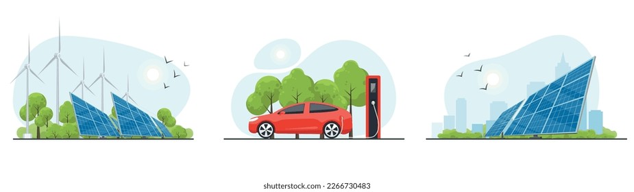 Clean energy of set. Electric car with charging station. Wind and solar generation. The concept of alternative electricity production.
