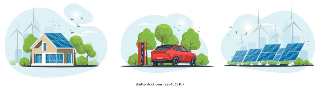 Clean energy of set. Electric car with charging station. Wind and solar generation. The concept of alternative electricity production. Home alternative electryciti, renewable energy.