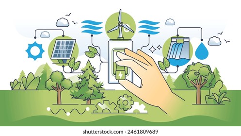 Clean energy shift and choosing green power production outline hands concept. Renewable and alternative electricity sources with solar, wind and hydroelectricity eco choices vector illustration.