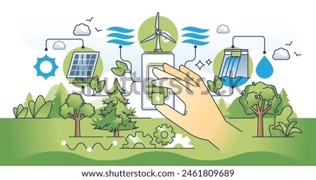 Clean energy shift and choosing green power production outline hands concept. Renewable and alternative electricity sources with solar, wind and hydroelectricity eco choices vector illustration.