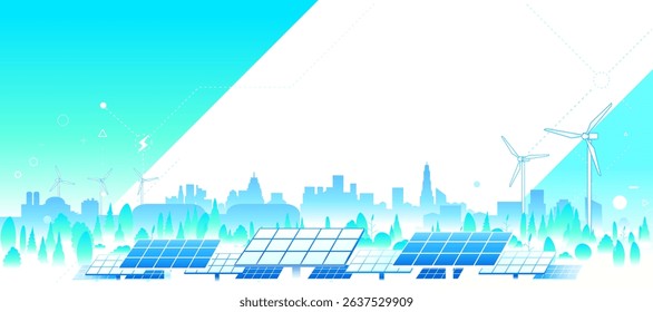 Clean energy from solar plants and renewable sources with cityscape background. Ecology concept
