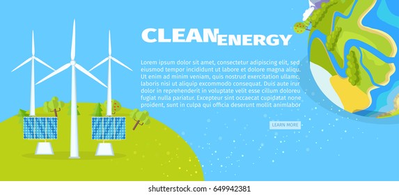 Clean energy template with solar panels on green and planet symbol in corner colorful poster with informative text. Green life vector illustration