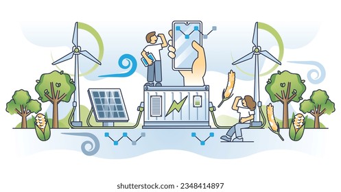 Energía limpia para el mañana y concepto de esquema de electricidad para el futuro sostenible. Solución eólica o solar para la ilustración vectorial de suministro doméstico fuera de la red. Ecosistema ambiental con responsabilidad de la naturaleza.