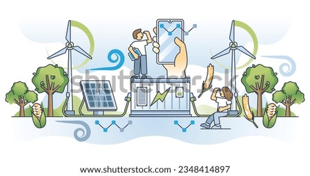 Clean energy for tomorrow and sustainable future electricity outline concept. Wind or solar solution for off grid home supply vector illustration. Environmental ecosystem with nature responsibility.