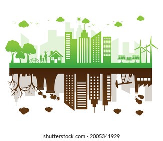 Clean energy trees with urban city pollution. green and dirty building. save energy and environment concept. Global warming problem. vector illustration in flat style modern design. 