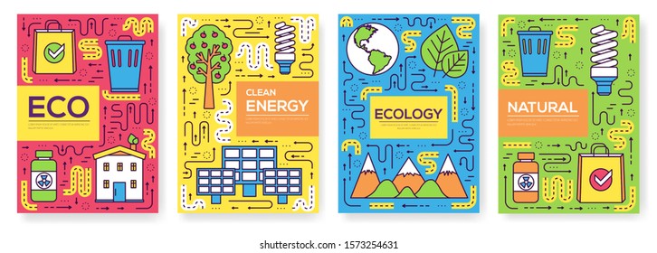 Clean energy vector brochure cards thin line set. natural resources template of flyear, magazines, posters, book cover, banners. Layout ecology outline illustrations modern pages.