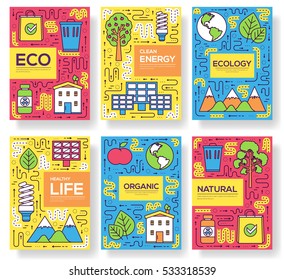 Clean energy vector brochure cards thin line set. natural resources template of flyear, magazines, posters, book cover, banners. Layout ecology outline illustrations modern pages.