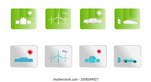 Clean energy vector illustration icon. wind turbine, solar farm, solar roof, ev car
