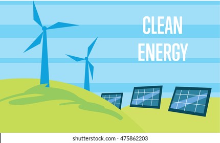 Clean energy vector illustration. Power plant using renewable solar energy with sun and wind turbine. Production of energy from the sun and wind. Ecological types of electricity. Eco generation