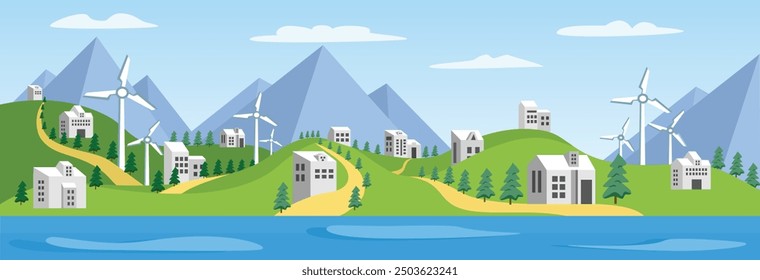 Ilustración vectorial de energía limpia. Ilustración de paisaje de turbina de viento. Turbina eólica. Arte vectorial de la colina. Vista de la montaña Vector stock. Futura ciudad ecológica. Paisaje Urbana.