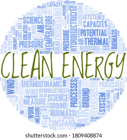 Clean energy vector illustration word cloud isolated on a white background.