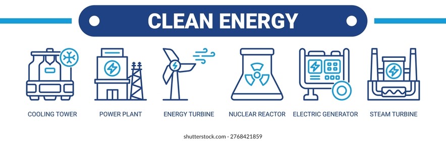Clean Energy web banner icon vector illustration concept with icons of cooling tower, power plant, energy turbine, nuclear reactor, electric generator, and steam turbine.