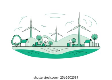 clean energy from Wind Turbines and Renewable Energy Landscape for sustainable living, and environmental conservation vector illustration