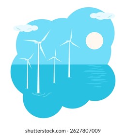 Clean energy. Windmill park. Offshore wind turbines farm on the ocean. Energy production