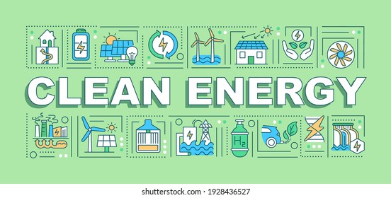 Clean energy word concepts banner. Reducing harmful emissions. Climate change. Infographics with linear icons on green background. Isolated typography. Vector outline RGB color illustration