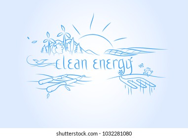 Clean Energy written by hand on light blue background, surrounded by renewable energy sources' illustrations 