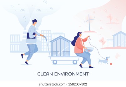 Clean environment illustration for website with good people which taking care of Earth and saving planet. Environmental protection and industrial toxic waste.  Flat people vector illustration. Vector
