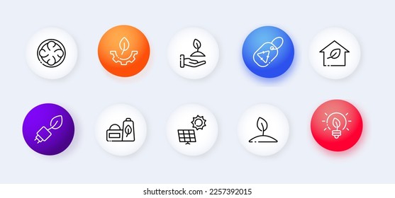 Clean environment set icon. Flower, sunflower, sollar battery, factory, save the planet, power plant, cross, leaf, biodegradable bag, fume. Ecology concept. Neomorphism style. Vector line icon