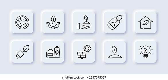 Clean environment set icon. Flower, power plant, fume, biodegradable bag, factory, leaf, sunflower, cross, sollar battery, save the planet. Ecology concept. Neomorphism style. Vector line icon