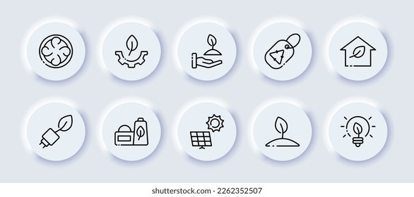 Clean environment set icon. Flower, sunflower, power plant, cross, leaf, biodegradable bag, ventilation, fume. Ecology concept. Neomorphism style. Vector line icon for Advertising