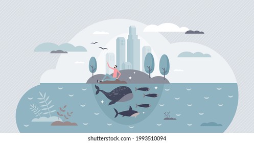 Clean environment and sustainable climate conservation tiny person concept. Earth protection or nature preservation with marine life respect in urban city vector illustration. Water ecology care scene