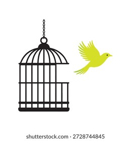 Una Ilustración vectorial limpia y evocadora que representa a un pájaro que se eleva hacia el cielo a través de la puerta abierta de una jaula de estilo vintage. La Imagen simboliza la libertad, la esperanza y los nuevos comienzos, utilizando líneas minimalistas y movimiento dinámico para capturar el momento exacto de la liberación. Perfecto para conceptos relacionados con la salud mental, la independencia o la conservación ambiental.